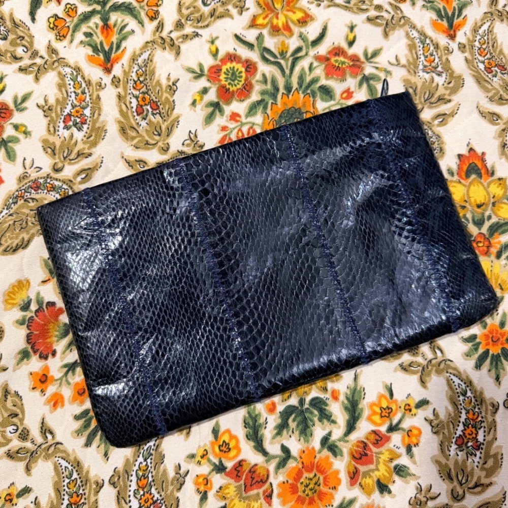 Clemente Vintage Black / Navy‎ Snakeskin Leather Zip Top Envelope Clutch Bag